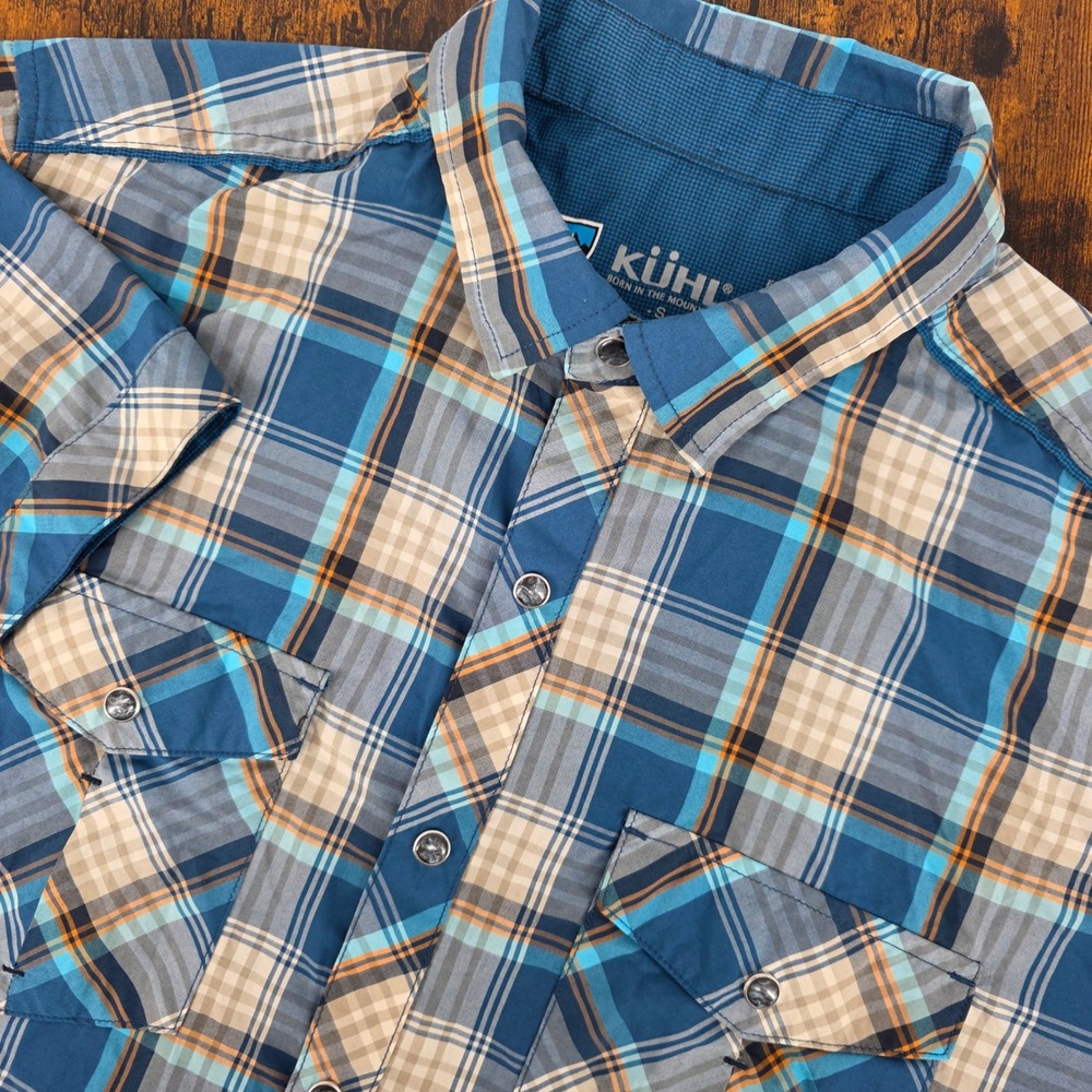 KUHL Eluxor Short Sleeve Shirt Mens S Blue Plaid Pearl‎ Snap Technical Hiking